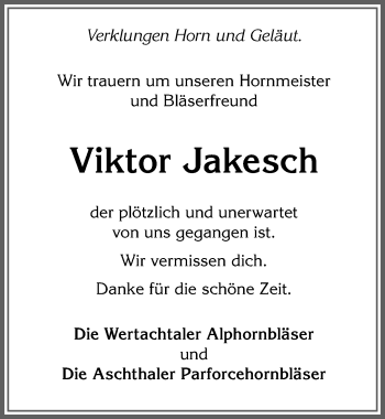 Traueranzeige von Viktor Jakesch von Allgäuer Zeitung, Kaufbeuren/Buchloe