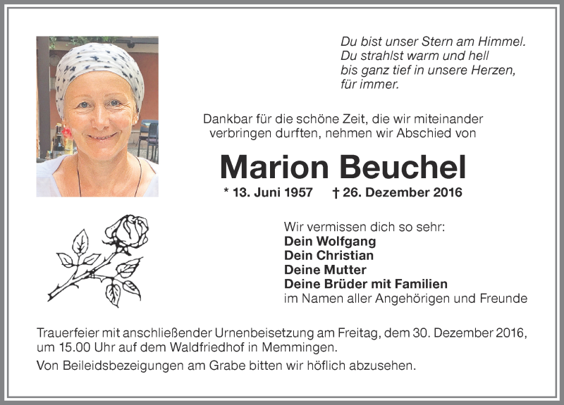  Traueranzeige für Marion Beuchel vom 29.12.2016 aus Memminger Zeitung