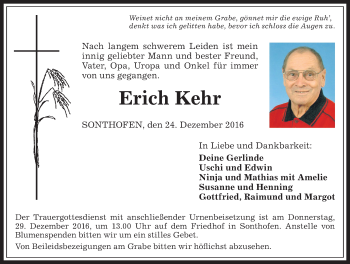Traueranzeige von Erich Kehr von Allgäuer Anzeigeblatt