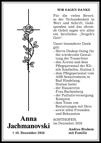 Traueranzeige von Anna Jachmanovski von Allgäuer Anzeigeblatt