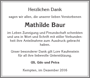 Traueranzeige von Mathilde Baur von Allgäuer Zeitung,Kempten