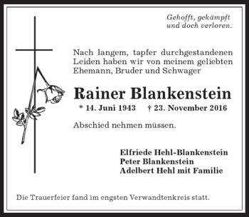 Traueranzeige von Rainer Blankenstein von Allgäuer Anzeigeblatt