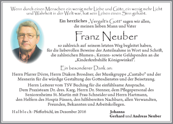 Traueranzeige von Franz Neuber von Allgäuer Zeitung, Füssen