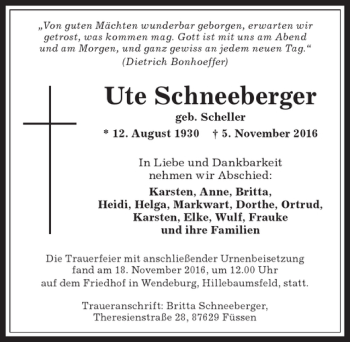Traueranzeige von Ute Schneeberger von Allgäuer Zeitung,Kempten