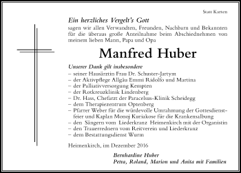 Traueranzeige von Manfred Huber von Der Westallgäuer