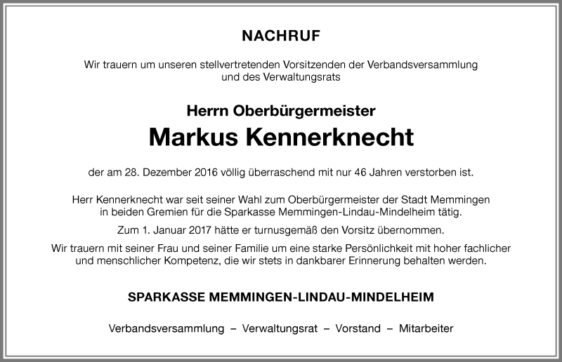  Traueranzeige für Markus Kennerknecht vom 31.12.2016 aus Allgäuer Zeitung