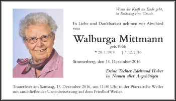 Traueranzeige von Walburga Mittmann von Der Westallgäuer