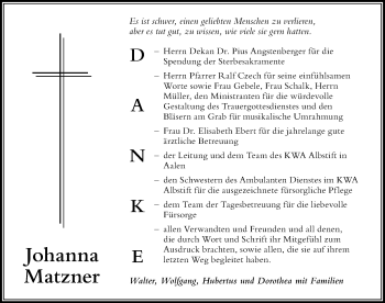 Traueranzeige von Johanna Matzner von Memminger Zeitung