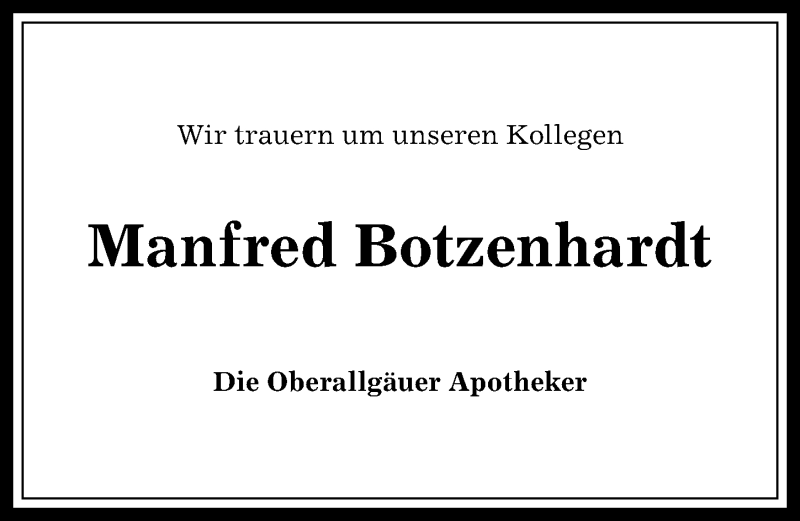  Traueranzeige für Manfred Botzenhardt vom 30.12.2016 aus Allgäuer Anzeigeblatt