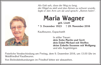 Traueranzeige von Maria Wagner von Allgäuer Zeitung, Kaufbeuren/Buchloe