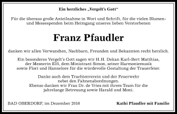 Traueranzeige von Franz Pfaudler von Allgäuer Anzeigeblatt