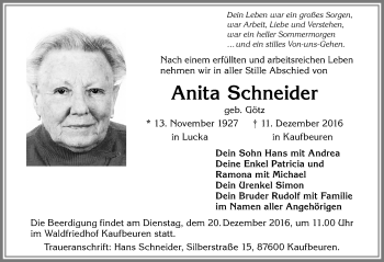 Traueranzeige von Anita Schneider von Allgäuer Zeitung, Kaufbeuren/Buchloe