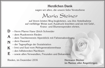 Traueranzeige von Maria Steiner von Allgäuer Zeitung, Füssen