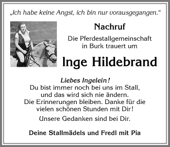 Traueranzeige von Inge Hildebrand von Allgäuer Zeitung, Marktoberdorf