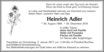 Traueranzeige von Heinrich Adler von Allgäuer Zeitung, Kaufbeuren/Buchloe