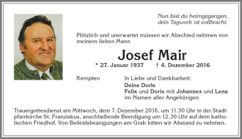 Traueranzeige von Josef Mair von Allgäuer Zeitung,Kempten