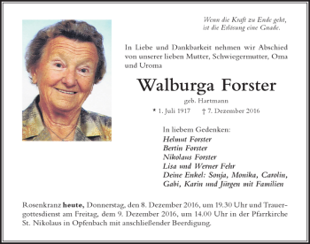 Traueranzeige von Walburga Forster von Der Westallgäuer