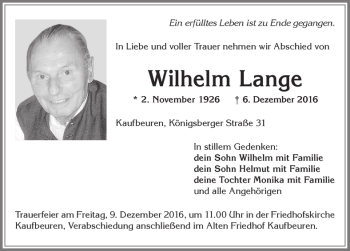 Traueranzeige von Wilhelm Lange von Allgäuer Zeitung, Kaufbeuren/Buchloe