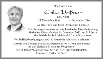 Traueranzeige von Erika Drißner von Allgäuer Zeitung, Füssen