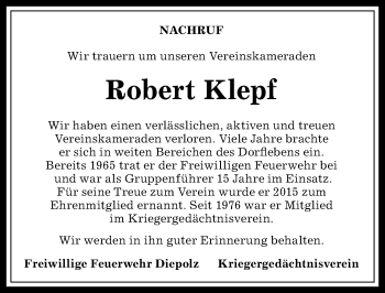 Traueranzeige von Robert Klepf von Allgäuer Anzeigeblatt