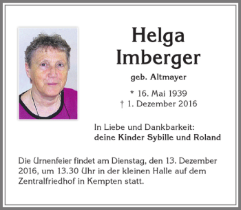 Traueranzeige von Helga Imberger von Allgäuer Zeitung,Kempten