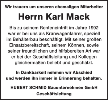 Traueranzeige von Karl Mack von Allgäuer Zeitung, Marktoberdorf