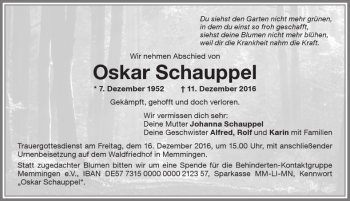 Traueranzeige von Oskar Schauppel von Memminger Zeitung