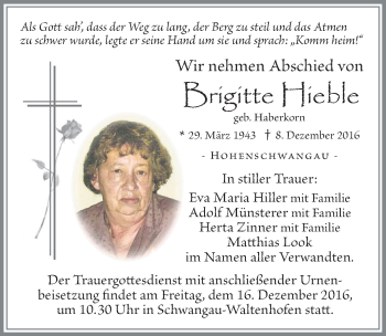 Traueranzeige von Brigitte Hieble von Allgäuer Zeitung, Füssen