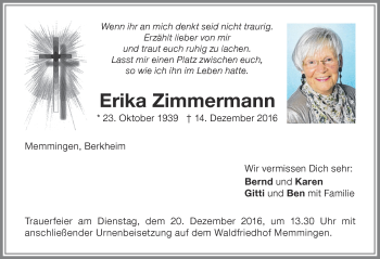 Traueranzeige von Erika Zimmermann von Memminger Zeitung
