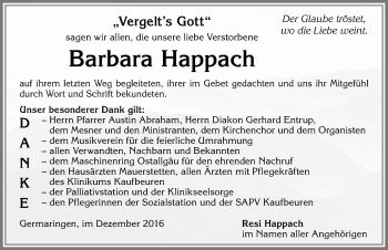 Traueranzeige von Barbara Happach von Allgäuer Zeitung, Kaufbeuren/Buchloe