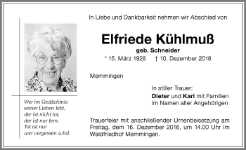 Traueranzeige von Elfriede Kühlmuß von Memminger Zeitung