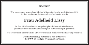 Traueranzeige von Adelheid Lissy von Allgäuer Anzeigeblatt