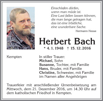 Traueranzeige von Herbert Bach von Allgäuer Zeitung,Kempten
