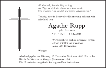 Traueranzeige von Agathe Rupp von Der Westallgäuer