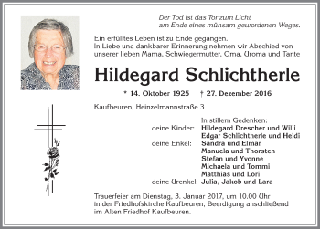 Traueranzeige von Hildegard Schlichtherle von Allgäuer Zeitung, Kaufbeuren/Buchloe