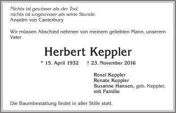 Traueranzeige von Herbert Keppler von Allgäuer Zeitung, Marktoberdorf
