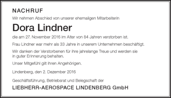 Traueranzeige von Dora Lindner von Der Westallgäuer