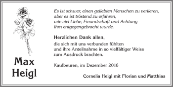 Traueranzeige von Max Heigl von Allgäuer Zeitung, Kaufbeuren/Buchloe