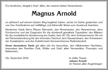 Traueranzeige von Magnus Arnold von Allgäuer Zeitung, Marktoberdorf