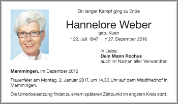 Traueranzeige von Hannelore Weber von Allgäuer Zeitung