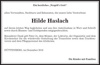 Traueranzeige von Hilde Haslach von Allgäuer Anzeigeblatt
