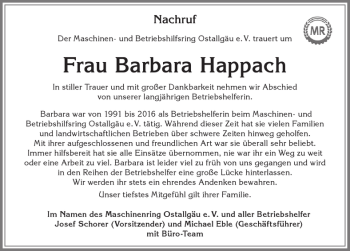 Traueranzeige von Barbara Happach von Allgäuer Zeitung, Kaufbeuren/Buchloe