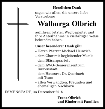 Traueranzeige von Walburga Olbrich von Allgäuer Anzeigeblatt