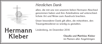 Traueranzeige von Hermann Kleber von Allgäuer Zeitung, Kaufbeuren/Buchloe