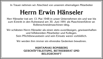 Traueranzeige von Erwin Hänseler von Allgäuer Zeitung, Marktoberdorf