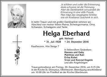 Traueranzeige von Helga Eberhard von Allgäuer Zeitung, Kaufbeuren/Buchloe