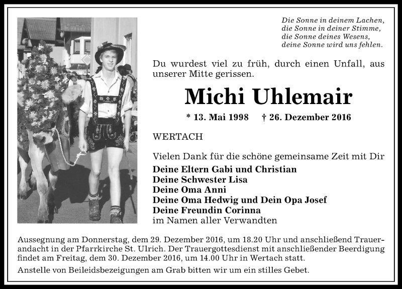  Traueranzeige für Michi Uhlemair vom 28.12.2016 aus Allgäuer Anzeigeblatt