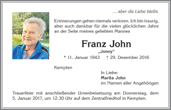 Traueranzeige von Franz John von Allgäuer Zeitung,Kempten