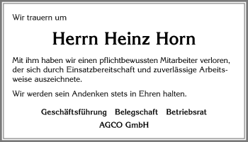 Traueranzeige von Heinz Horn von Allgäuer Zeitung, Marktoberdorf