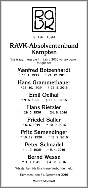 Traueranzeige von Im Gedenken RAVK-Absolventenbund von Allgäuer Zeitung,Kempten
